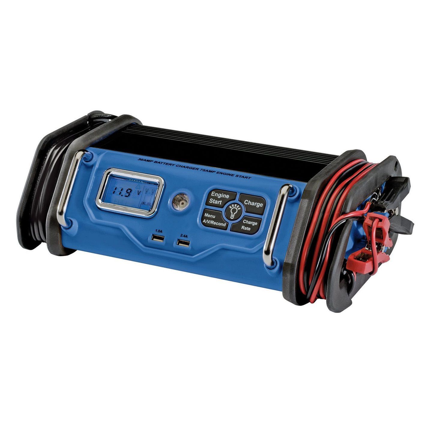 The Draper 12V Battery Starter/Charger, 30A - BCMCS70 is a blue and black device equipped with a digital screen and buttons for various settings. It includes attached red and black cables and features a fully automatic smart charge system with a 70 Amp engine start function for optimal performance.