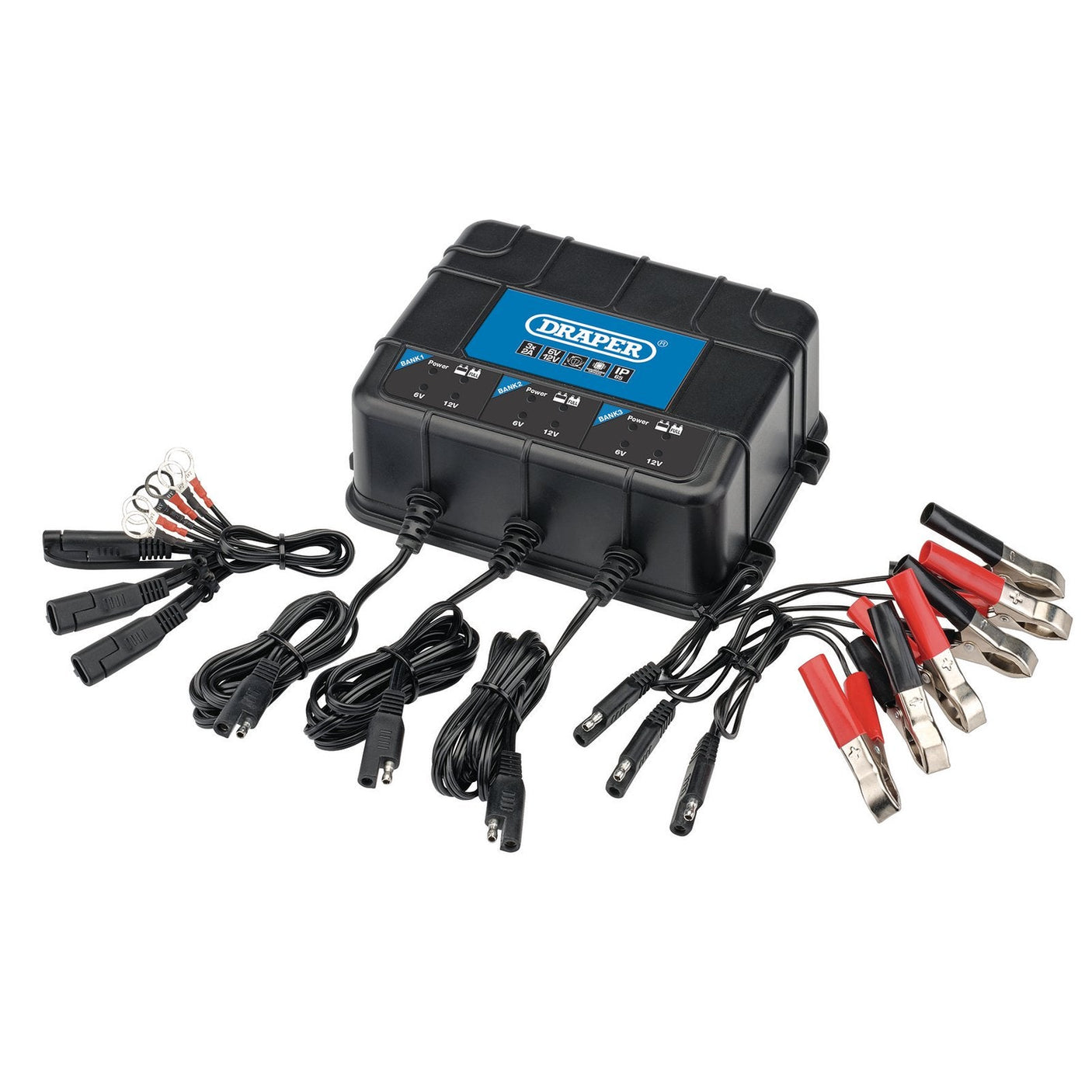 Fully automatic smart charger with multiple connectors and clamps labeled "Draper." The Draper 6/12V 3 Bank Charger Station - BCPB32 can charge and maintain three batteries simultaneously.