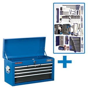 The Draper Workshop Tool Kit (B) - DTKTKC2B features a blue tool chest with three partially opened drawers, positioned next to an image of assorted hand tools neatly organized. It's perfect for any workshop.