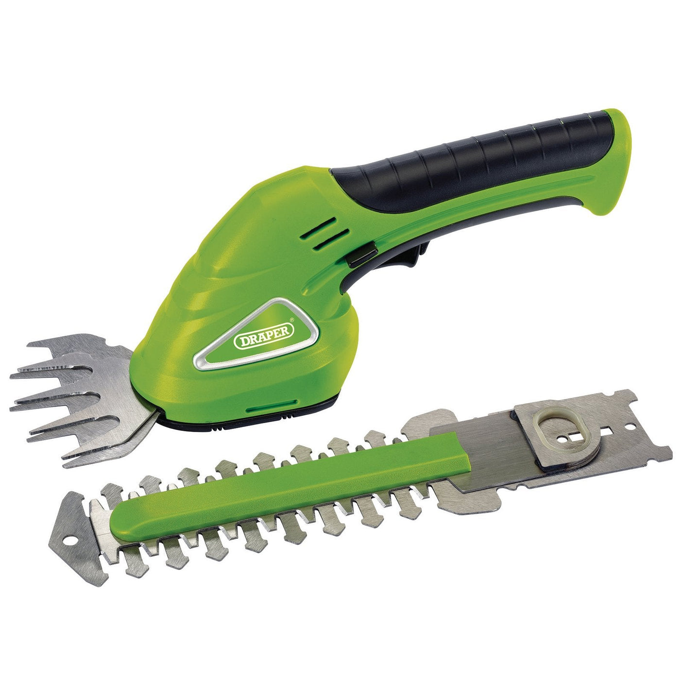 The Draper 7.2V Cordless Grass And Hedge Shear Kit - CGS7.2 is a green and black handheld trimmer with a lithium battery, designed for efficient trimming and pruning of plants, featuring easy blade changes.