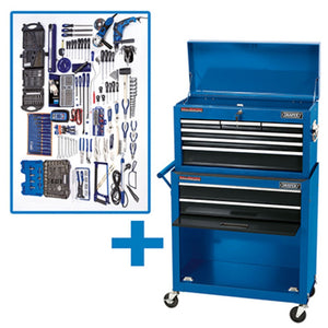 The Draper Workshop Tool Kit (D) - DTKGTK2B, a blue tool box from the brand Draper, features a large display of workshop tools, including an angle grinder.