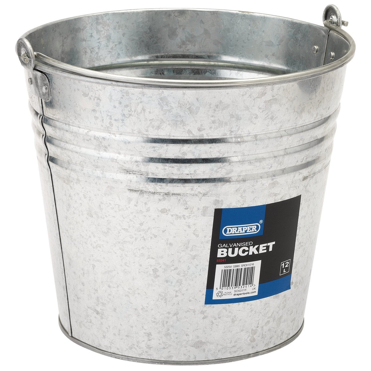 A galvanized metal bucket labeled "Draper Galvanised Steel Bucket, 12L - GB14," perfect for garden use.