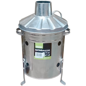 The Draper Galvanised Mini Incinerator, 15L - GMI is a traditional-style incinerator made from galvanised steel, complete with a chimney lid and side handles. It is designed for burning garden waste according to the label.