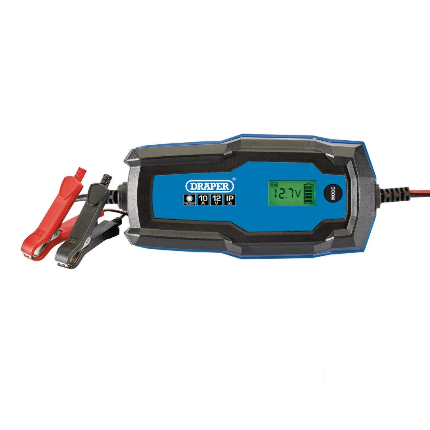 A Draper 6/12V Smart Charger And Battery Maintainer, 10A - BCI10 displays a voltage of 12.7V, with attached red and black clamps.