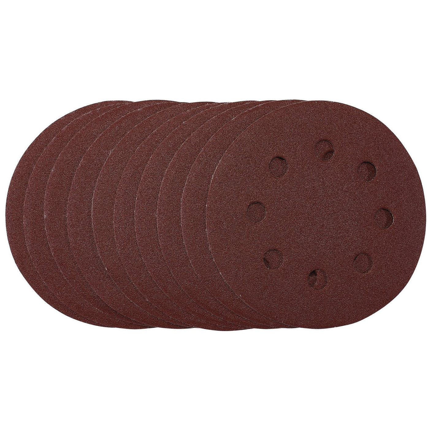 A stack of Draper Sanding Discs, 115mm, 120 Grit, Hook & Loop (Pack Of 10) - SDHAL115, each featuring multiple holes and arranged in a slightly fanned-out pattern, resembling the precision and organization found in DIN 338 high-speed drills.