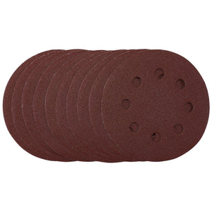 A stack of Draper Sanding Discs, 115mm, 120 Grit, Hook & Loop (Pack Of 10) - SDHAL115, each featuring multiple holes and arranged in a slightly fanned-out pattern, resembling the precision and organization found in DIN 338 high-speed drills.