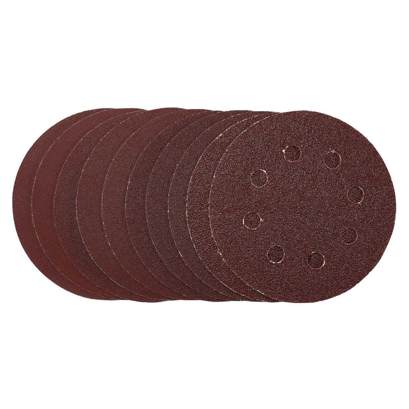 A pack of 10 Draper Sanding Discs, 115mm in diameter with assorted grits, features circular aluminium oxide discs with six holes and a convenient hook and loop backing.