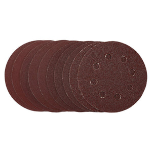 A pack of 10 Draper Sanding Discs, 115mm in diameter with assorted grits, features circular aluminium oxide discs with six holes and a convenient hook and loop backing.