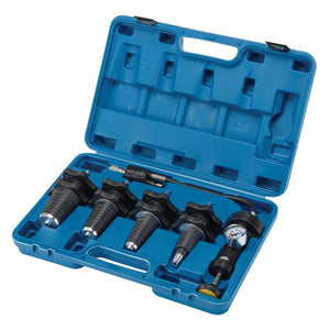 The Draper Expert Universal Cooling System Pressure Test Kit (5 Piece) - URPTK includes a blue plastic case holding various mechanical tools, such as a gauge, multiple attachments, a capless tester, and a universal cone adaptor for the cooling system, all arranged neatly in designated slots.