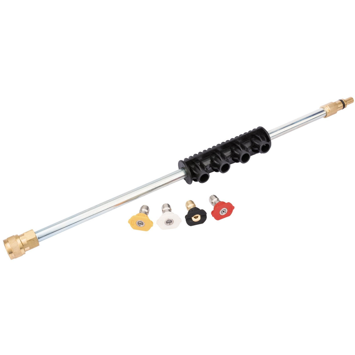 A Draper Lance For Pressure Washer - APW71 by Draper, featuring a black handle grip and accompanied by four colorful interchangeable nozzles placed beside it.