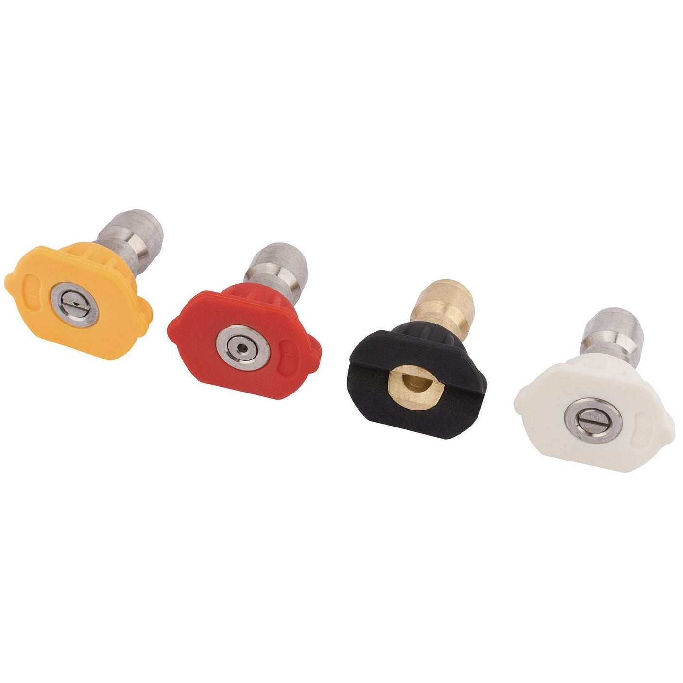 The Draper Nozzle Kit For Pressure Washer 14434 (4 Piece) - APW72, featuring nozzles in yellow, red, black, and white, is lined up side by side against a white background.