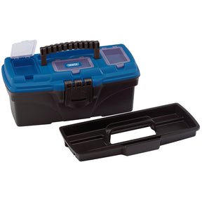 The Draper Tool/Organiser Box With Tote Tray, 320mm - TB320, is a blue and black plastic toolbox crafted from impact-resistant polypropylene. It features a top handle and multiple storage compartments, with its removable tote tray placed in front.