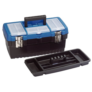 The Draper Tool Organiser Box With Tote Tray (model TB413) is a blue and black plastic toolbox designed for impact resistance, featuring a carrying handle, two metal latches, several storage compartments, and a removable tray.