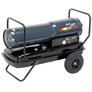 A fuel-efficient black Draper Jet Force Diesel, Kerosene and Paraffin Space Heater, 215,000 Btu/62 Kw - DSH2150 with a cylindrical body, automatic ignition, and mounted on wheels with a handle for mobility.