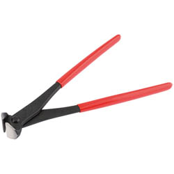 The Draper Knipex 68 01 280 SB End Cutting Nippers, featuring a red handle and black cutting head, are crafted from high-grade tool steel and induction hardened for durability, making them ideal for cutting and shaping tiles.