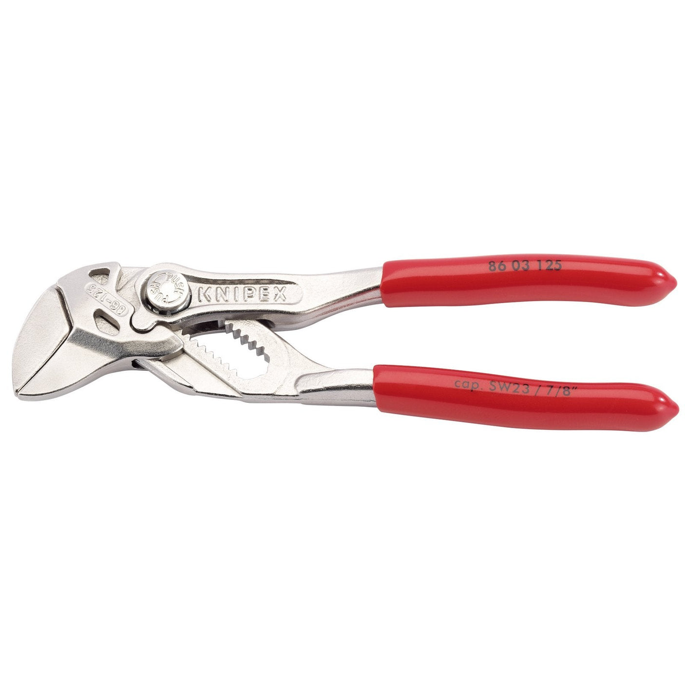 The Draper Knipex 86 03 125 Pliers Wrench, measuring 125mm, features a red handle with a metallic finish, cam action jaws, and the Knipex logo on the handle. It is crafted to meet DIN ISO 5743 specifications for professional quality tools.