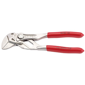 The Draper Knipex 86 03 125 Pliers Wrench, measuring 125mm, features a red handle with a metallic finish, cam action jaws, and the Knipex logo on the handle. It is crafted to meet DIN ISO 5743 specifications for professional quality tools.