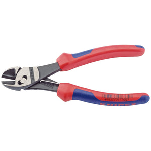 A pair of Draper Knipex Twinforce® 73 72 180F High Leverage Diagonal Side Cutters with red and blue handles and a metal blade, designed with heavy-duty steel, positioned on a white background.