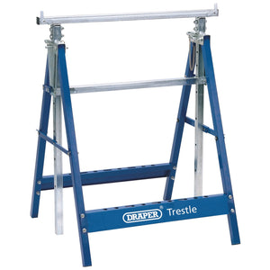 The Draper Telescopic Trestle/Saw Horse, 685 X 580mm - BT/Y1, features a blue design with adjustable metal support bars and telescopic action for flexible height. It includes a branded label on the bottom crossbar and is crafted from heavy-duty steel, offering a maximum loading capacity of 250kg.