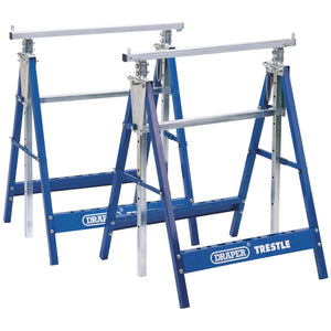 Two Draper Pair Of Telescopic Trestle/Saw Horse, 685 X 585mm - BT/Y2 in blue and silver are positioned in front of a plain background.