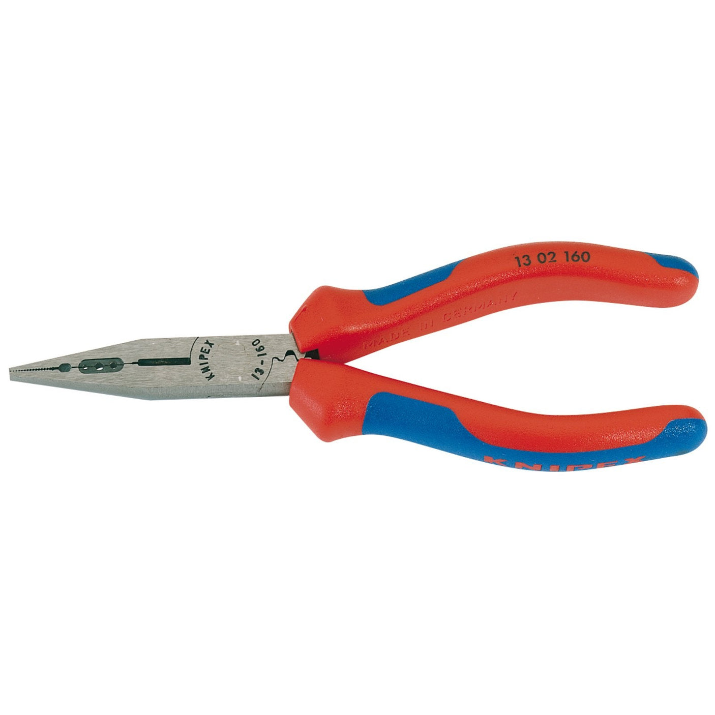 A pair of Draper Knipex 13 02 160 Electricians Pliers, featuring red and blue handles, designed for crimping ferrules with professional quality tools and induction hardened for durability.