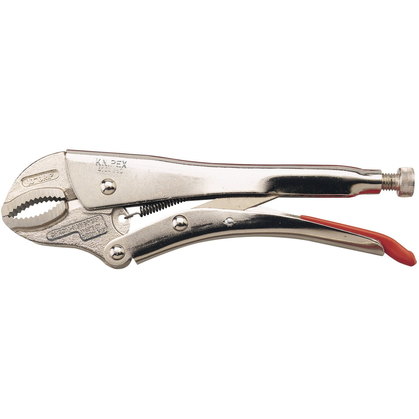 The Draper Knipex 41 04 250 Curved Jaw Self Grip Pliers, 250mm - 41 04 250, crafted from high strength steel, feature a silver finish with a red-tipped handle and a quick-release lever, set against a white background.