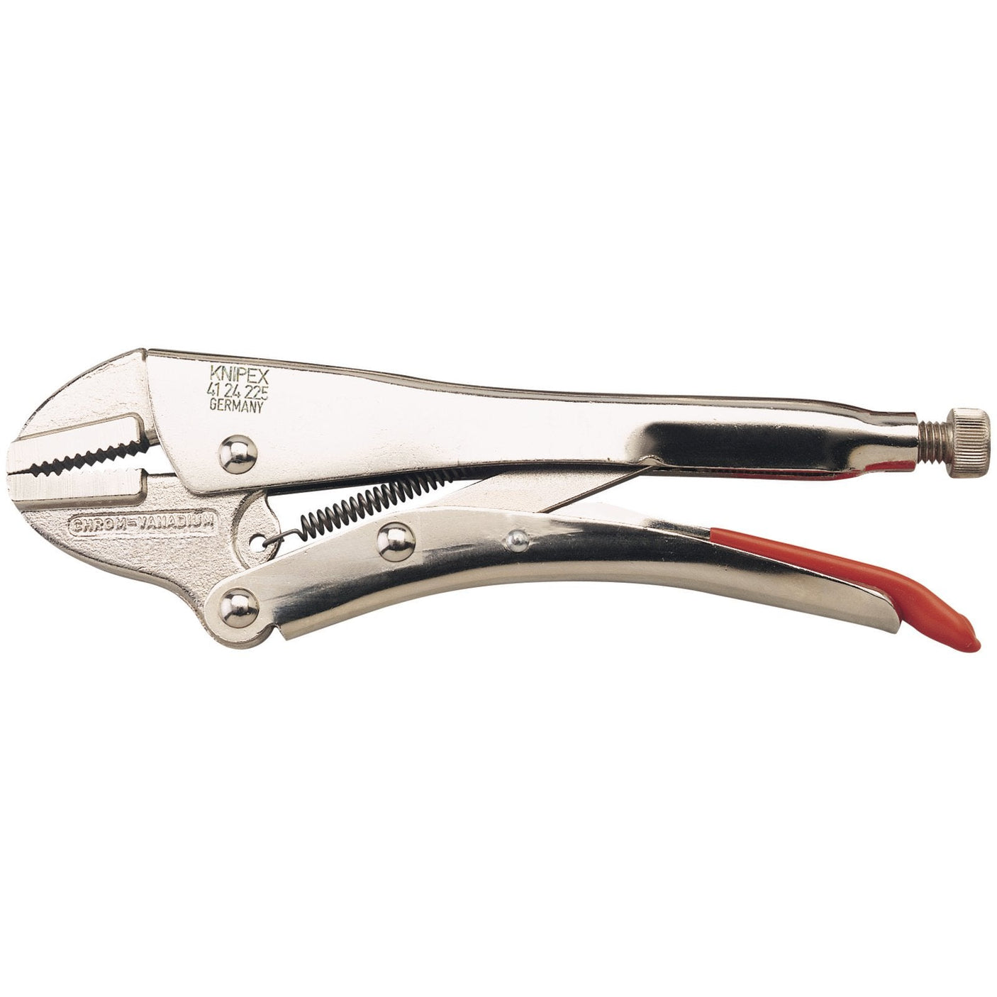 A high-strength steel Draper Knipex 41 24 225 straight jaw self-grip plier, measuring 225mm, featuring an adjustable screw at the handle's end.