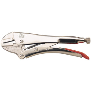 A high-strength steel Draper Knipex 41 24 225 straight jaw self-grip plier, measuring 225mm, featuring an adjustable screw at the handle's end.