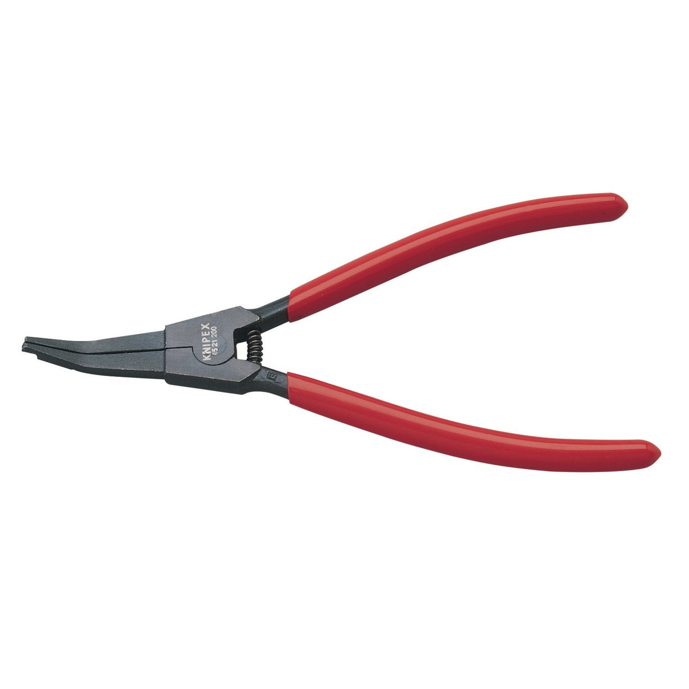 Image of Draper Knipex 45 21 200 200mm Circlip Pliers with red handles fashioned from chrome vanadium steel, positioned diagonally on a plain white background.