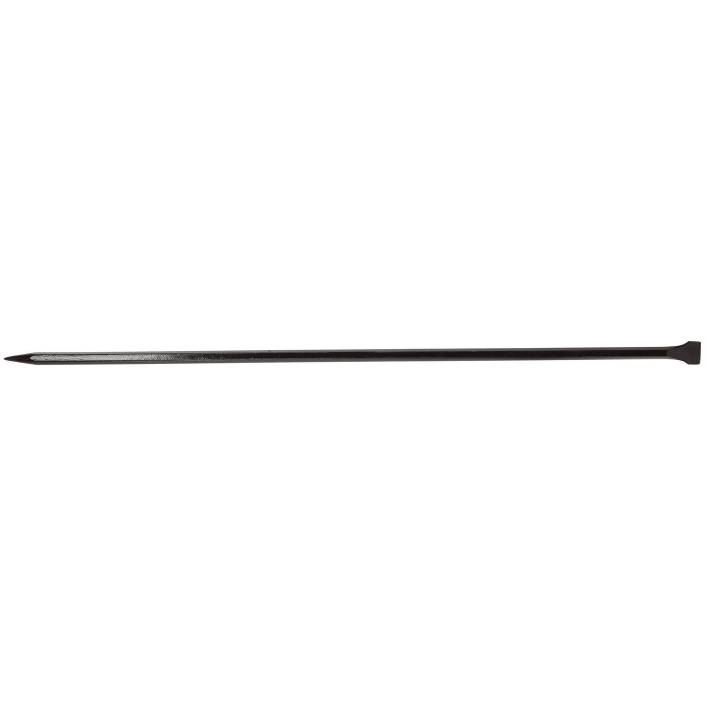 An image of the Draper Chisel Point Digging Bar, 1.5M - CPDB, a long, high carbon steel crowbar featuring a flattened end on one side and a tapered point on the other, making it ideal for digging activities.