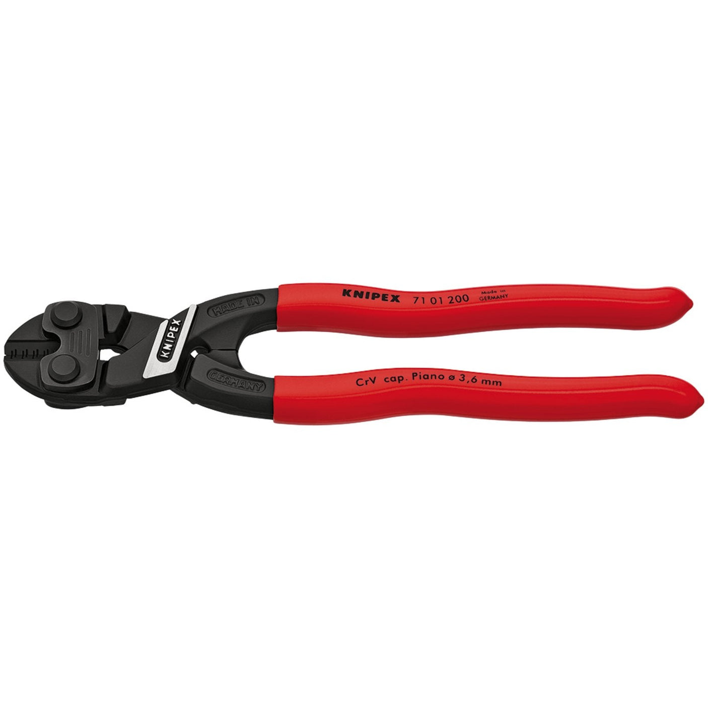 A pair of Draper Knipex Cobolt® 71 01 200Sbe Compact Bolt Cutters with red handles and a black cutting mechanism, designed for precision with Chrome vanadium electric steel, labeled "CrV cap. Piano Ø 3.6 mm".