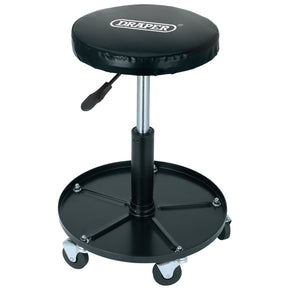 The Draper Adjustable Work Seat - WS-1-B is a black mechanic stool featuring a comfortable, padded seat and a lever for hydraulic height adjustment. Its five caster wheels ensure mobility, and the seat proudly displays the "Draper" logo.
