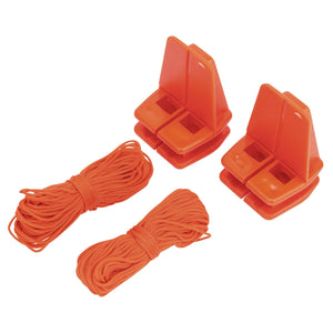 Two orange plastic anchor clips and two coiled polyethylene lines from the Draper Brick Line And Block Set, 18M, Orange (4 Piece) - BLB are placed on a white background.