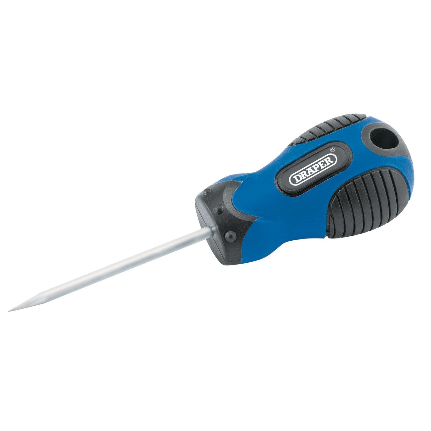 A Draper Soft Grip Carpenters Awl - SGHA, featuring a blue and black handle with a soft grip and a metal fine point tip, lies horizontally against a plain background.