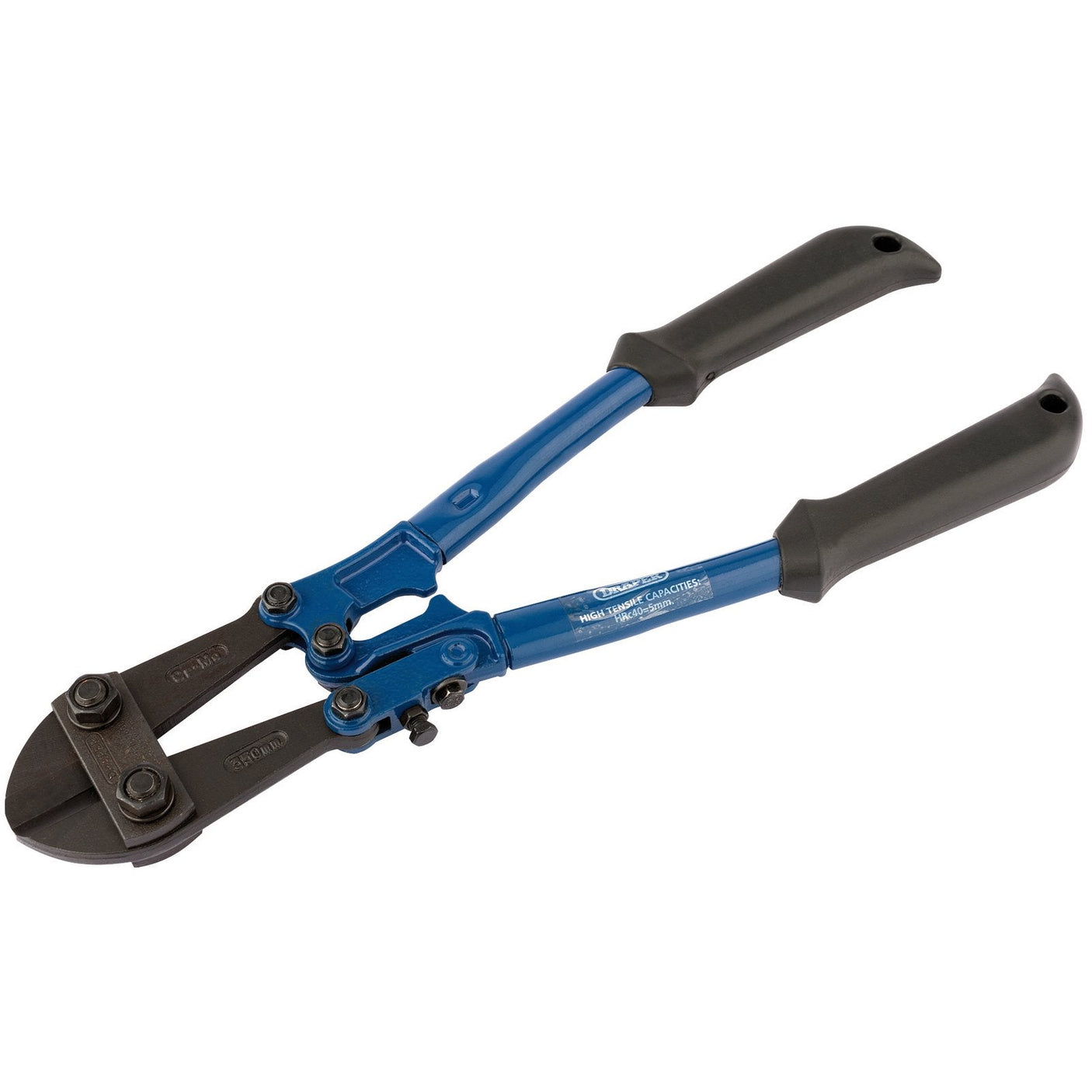 The Draper Bolt Cutter, 350mm - 4850, from the reputable Draper brand, features a blue and black design with hardened jaws for cutting through high tensile material and ergonomic handles that ensure long life and durability.