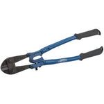 Image of the Draper Bolt Cutter, 450mm - 4850, featuring blue handles and black grips, with jaws hardened for enhanced cutting capability through high tensile materials.