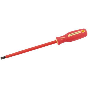 The Draper Fully Insulated Plain Slot Screwdriver, 8 X 200mm (Sold Loose) - 952B features a red handle with a yellow accent and an insulated shaft, making it one of the reliable VDE screwdrivers compliant with EN 60900 standards.