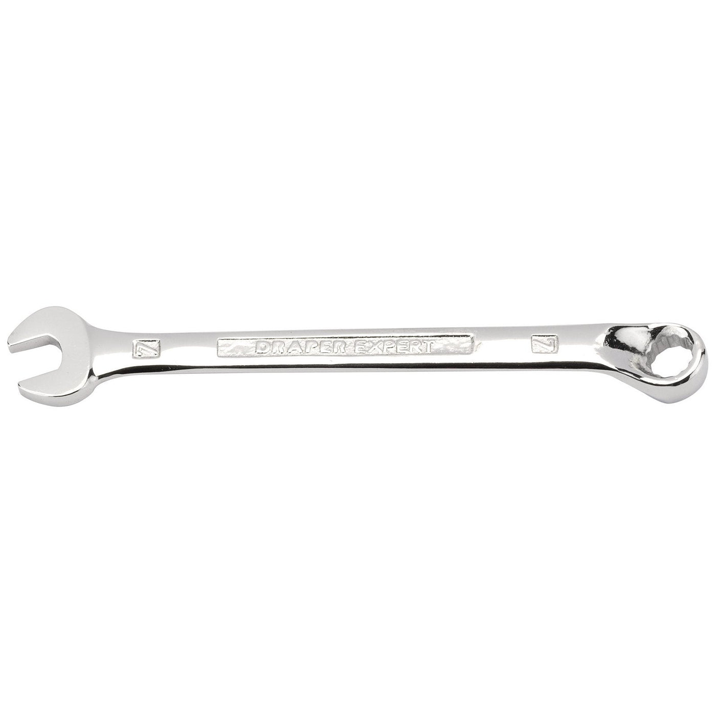 The Draper Hi-Torq® Combination Spanner, 7mm - 8224MM is a shiny, chrome vanadium steel wrench featuring an open-end on one side and a box-end on the other, crafted with Draper Expert HI-TORQ® technology.