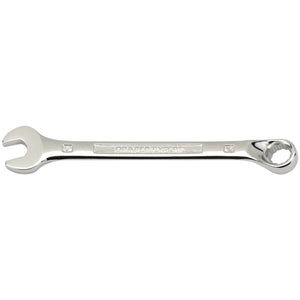 The Draper Hi-Torq® Combination Spanner, 9mm - 8224MM from Draper is a silver wrench made from durable chrome vanadium steel. It features an open end on one side and a closed, ring end on the other, making it ideal for tightening or loosening nuts and bolts. This tool meets DIN3113 specifications for superior performance.