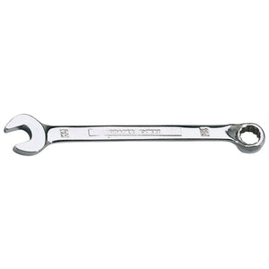 The Draper Hi-Torq® Combination Spanner, 10mm - 8224MM, by Draper, is crafted from chrome vanadium steel and features an open-end wrench on one side and a box-end wrench on the other, conforming to DIN3113 specifications.