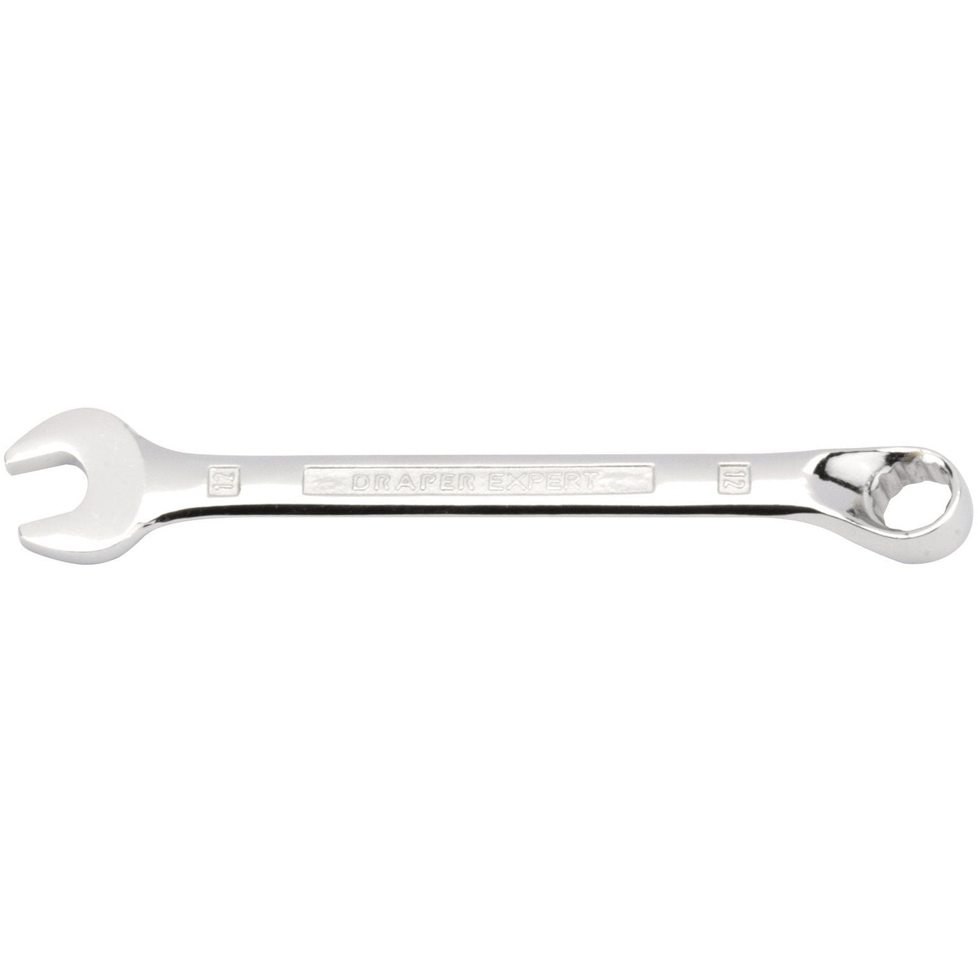 The Draper Hi-Torq® Combination Spanner, 12mm - 8224MM, features an open-end on one side and a box-end on the other, with "Draper Expert" embossed on the handle. Crafted from durable chrome vanadium steel, this tool ensures reliability and strength for any job.