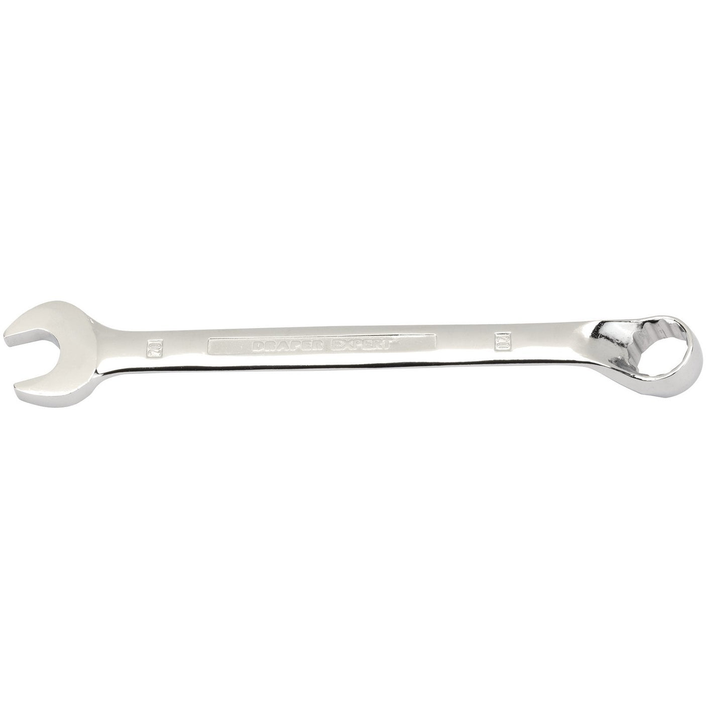 The Draper Hi-Torq® Combination Spanner, 20mm - 8224MM, features an open end on one side and a closed, ring end on the other. Made from polished chrome vanadium steel, this spanner incorporates the Draper Expert HI-TORQ® design and conforms to DIN3113 specifications for superior performance.