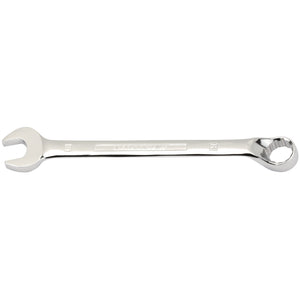 The Draper Hi-Torq® Combination Spanner, 21mm - 8224MM, crafted from chrome vanadium steel with an open end on one side and a closed ratcheting end on the other, meets Draper Expert HI-TORQ® standards and is set against a white background.