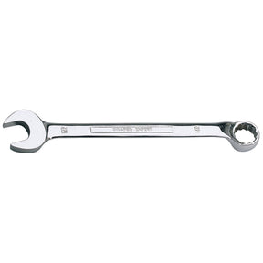 The Draper Hi-Torq® Combination Spanner, 22mm - 8224MM, features one open-end and one box-end, is crafted from shiny chrome vanadium steel, and adheres to DIN3113 specifications.