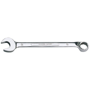 The Draper Hi-Torq® Combination Spanner, 22mm - 8224MM, features one open-end and one box-end, is crafted from shiny chrome vanadium steel, and adheres to DIN3113 specifications.