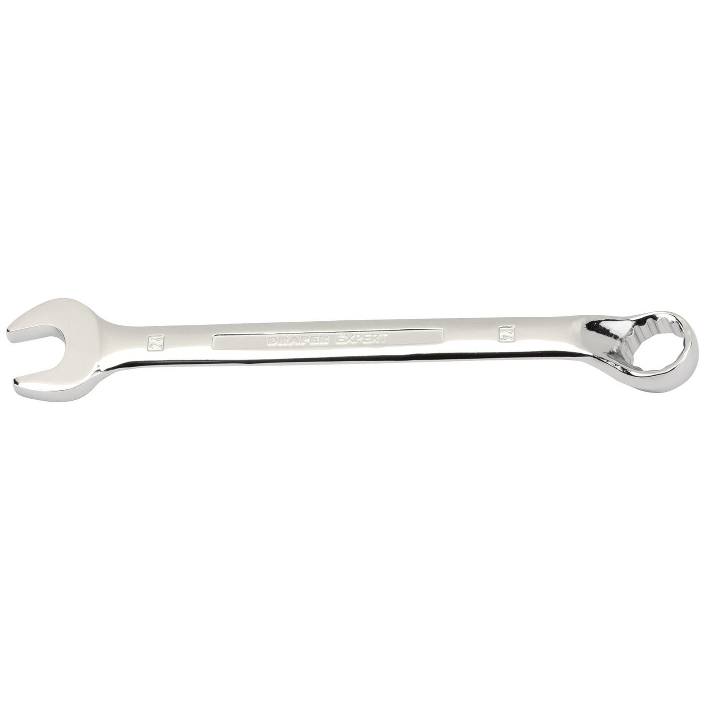 The Draper Hi-Torq® 24mm Combination Spanner (8224MM) from Draper, made with chrome vanadium steel and chrome-plated for durability, features an open-end on one side and a box-end on the other.