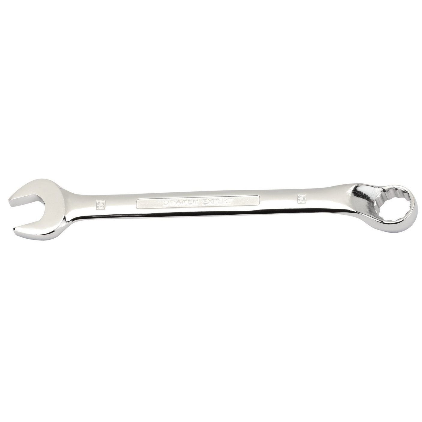 A shiny, metal Draper Hi-Torq® Combination Spanner, 27mm - 8224MM made from durable chrome vanadium steel and featuring an open-end on the left and a box-end on the right, positioned horizontally on a white background. Crafted to meet DIN3113 Specifications.