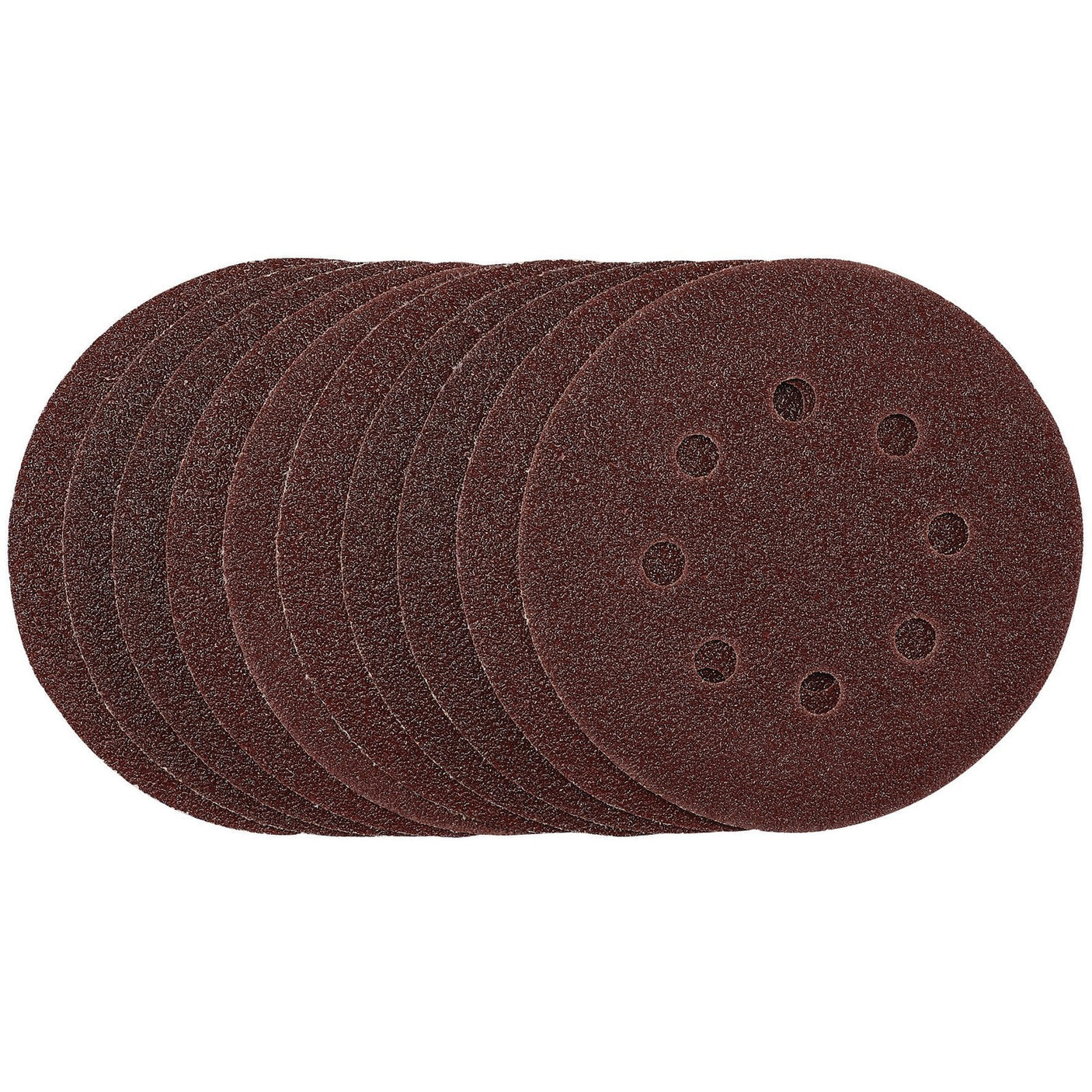 A stack of eight Draper Punched Sanding Discs, 125mm in diameter, with a 40 grit brown gritty surface and six perforated holes arranged in a circle.