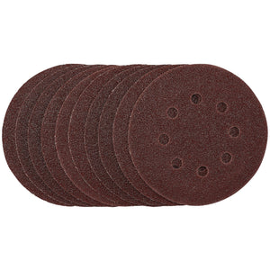 A stack of eight Draper Punched Sanding Discs, 125mm in diameter, with a 40 grit brown gritty surface and six perforated holes arranged in a circle.