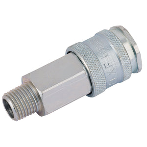 The Draper 1/4" Bsp Parallel Euro Coupling Male Thread (Sold Loose) - AC71CM BULK is a high-flow application quick connect coupling, featuring a heavy-duty metal construction with a threaded end and hexagonal body.